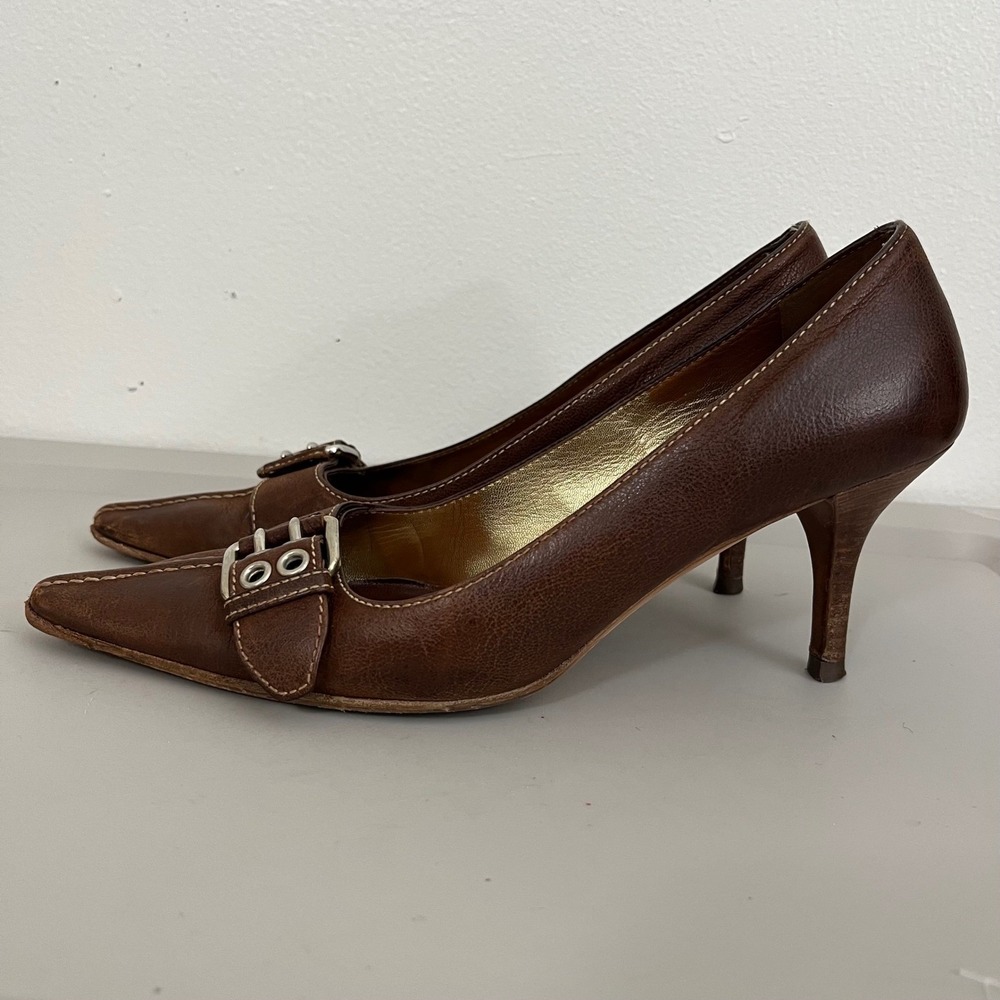 VTG Prada Brown Leather Pointed Toe Heels Buckle 38 Y2K Designer Quiet Luxury - Picture 2 of 9